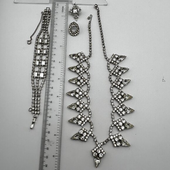 Vintage Rhinestone Jewelry Set Necklace Bracelet Earrings Bridal Prom Formal - Picture 2 of 12